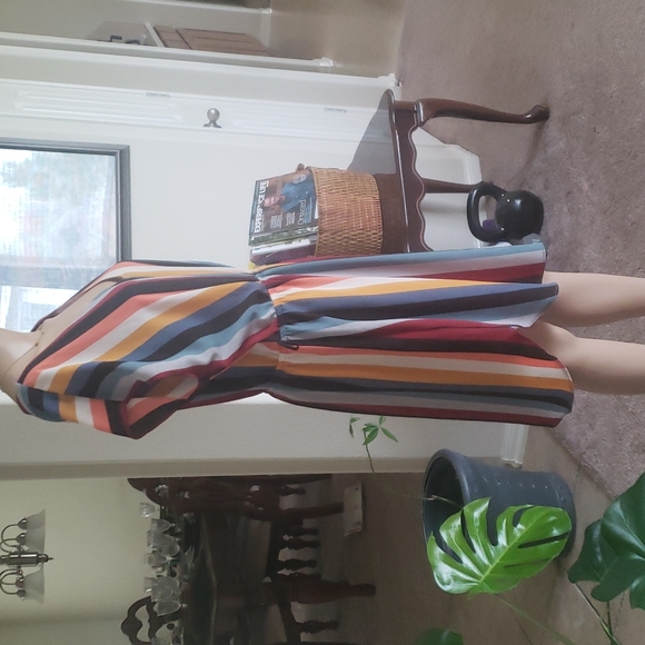 Charming Charlie L deep multicolor stripes vneck shirt dress elastic waist - Picture 2 of 6